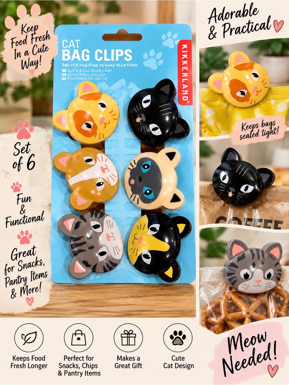 Kikkerland Cat Bag Clips — Yellow, Black, Tan, Gray, Cream, Orange